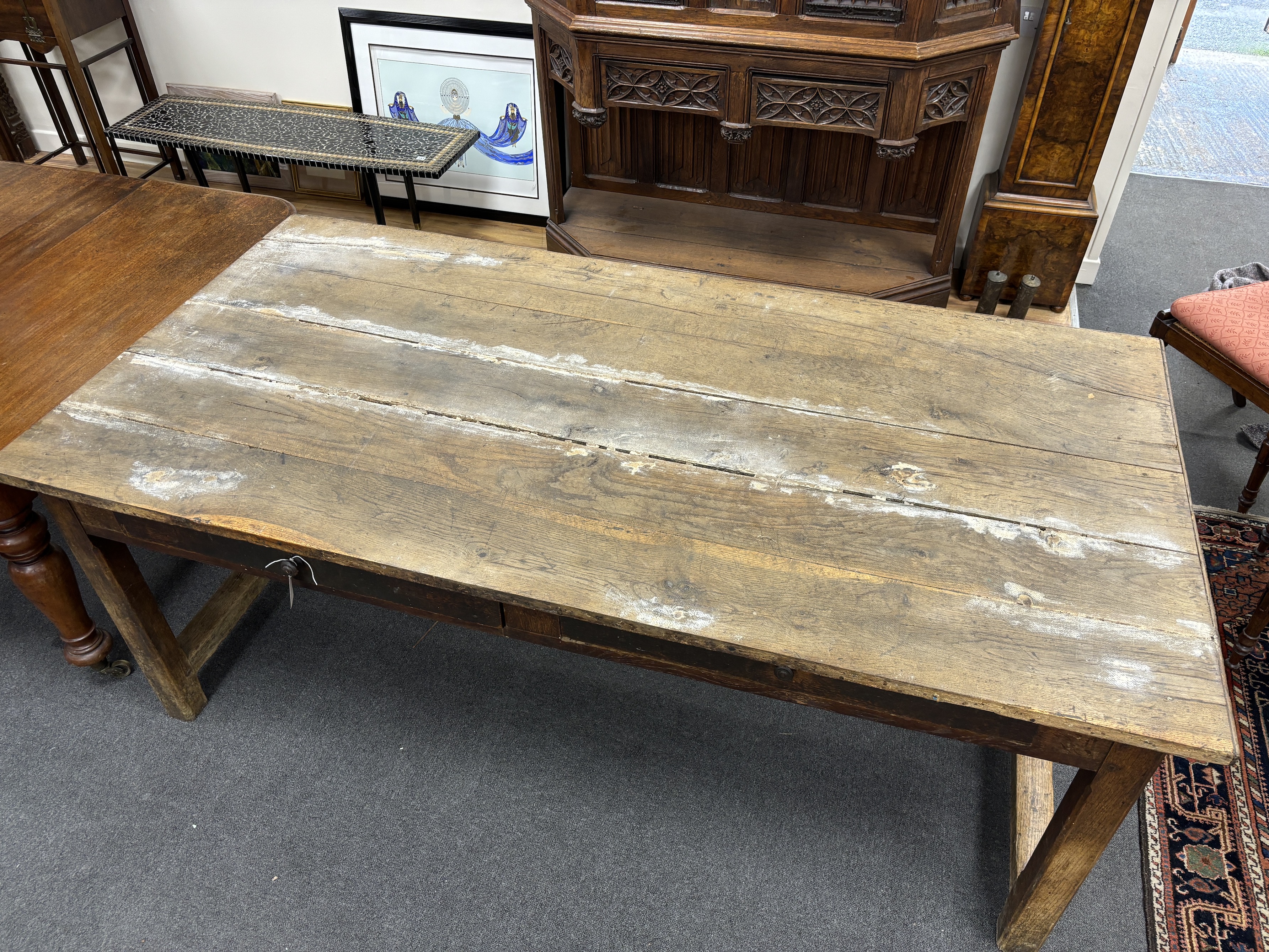 A 19th century French rectangular oak two drawer farmhouse table, length 201cm, depth 101cm, height 78cm
